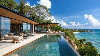 Fototapeta premium Luxury Oceanfront Villa with Infinity Pool and Breathtaking Coastal Views