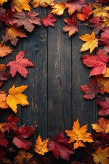 Autumn leaves frame on wooden background with vibrant fall colors and texture for cozy seasonal design