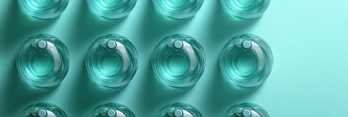 Transparent Water Bottles Pattern on Pastel Teal Background for Healthy Lifestyle Refreshment and Environmental Awareness