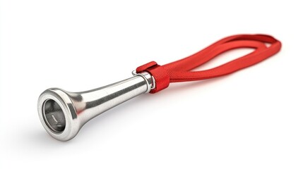 Silver sports whistle with vibrant red lanyard for referees or coaches