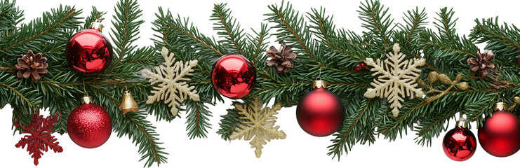 Christmas Branches Border with Christmas Decorations PNG isolated over transparent background.