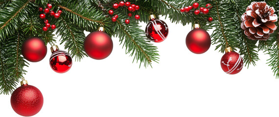 Christmas Branches Border with Christmas Decorations PNG isolated over transparent background.
