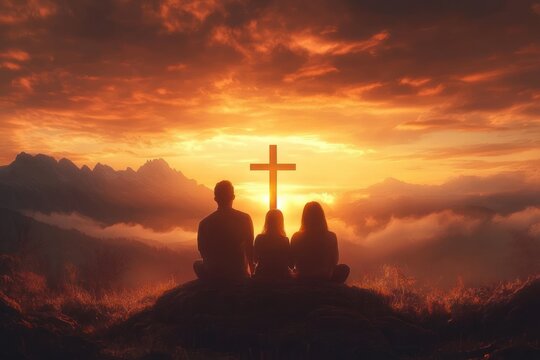 Family Praying Together at Sunset with Cross of Jesus Christ