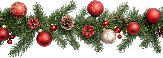 Christmas Branches Border with Christmas Decorations PNG isolated over transparent background.