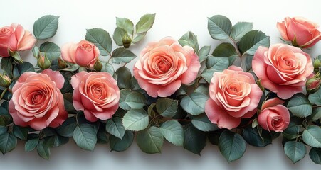 Pink Roses with Green Leaves in Floral Arrangement Isolated on White Background