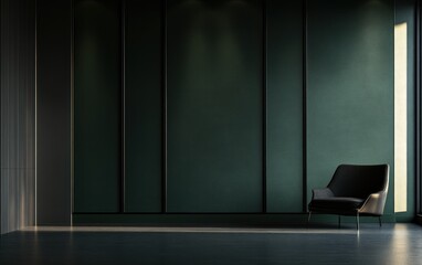 Modern dark green room with armchair, sunlit window. Interior design rendering. Possible use Stock photo for home decor, architecture, design magazines