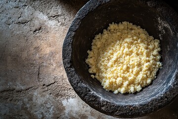 Traditional Mortar Bowl with Freshly Ground Cornmeal on Rustic Surface
