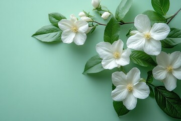 Delicate small white gypsophila flowers with green leaves on pastel green background for spring holidays and celebrations