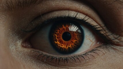 Intense Close-Up of a Human Eye with Fiery, Intricate Patterns in the Iris, Reflecting Light and Shadow Play