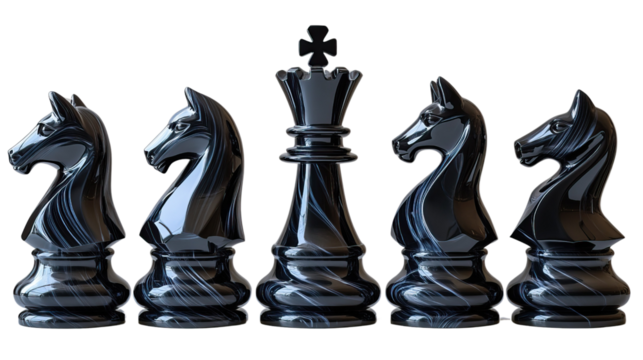 Strategic Lineup: A regal black chess king stands flanked by its knight, embodying the strategy and intellectual challenge of chess