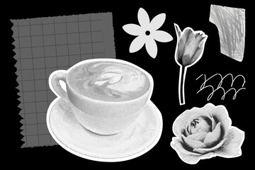 Coffee and notes collage, trendy graphic design elements, magazine halftone flowers and pieces of textured paper. Rose, tulip and scribbles, black and white monochrome