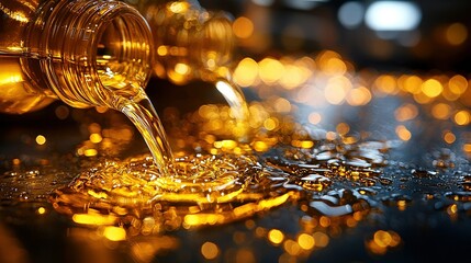   Close-up of liquid pouring onto gold flakes on table