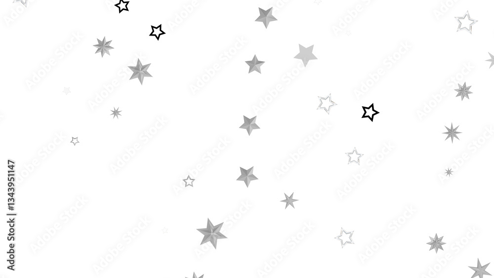 Poster a simple abstract graphic with silver stars scattered on a black background. the stars are various s
