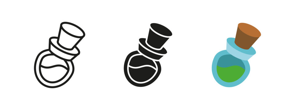 Potion bottle icon. Magical elixir vector illustration. Symbol of alchemy, spells and mystical brews. Fantasy glass vial for witchcraft, medicine or enchanted liquids pictogram.