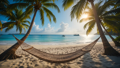 Serene Tropical Beach with Hammock and Palm Trees