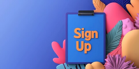 register approval concept. Colorful sign-up graphic with abstract shapes and vibrant background.