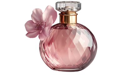 Floral Fragrance: An exquisite perfume bottle, adorned with a delicate flower and filled with a captivating pink liquid, epitomizes luxury and beauty.