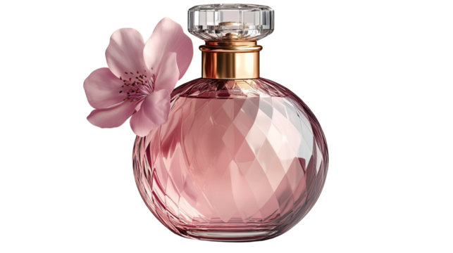 Floral Fragrance: An exquisite perfume bottle, adorned with a delicate flower and filled with a captivating pink liquid, epitomizes luxury and beauty.