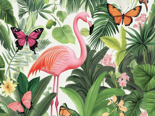 Tropical jungle scene with flamingo, butterflies, and lush green foliage