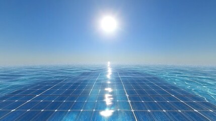 Floating solar panels on a placid ocean under a bright sun.