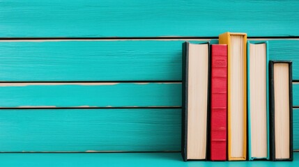 A collection of five books in various colors leaning against a vibrant turquoise wooden background.