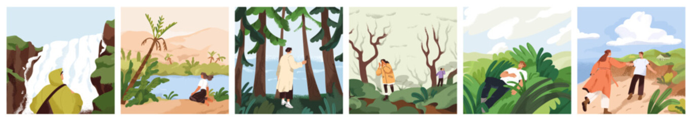 Nature landscapes, people on travel adventures set. Characters enjoying calm serene sceneries, environment with forests, waterfalls, plants, sea, peaceful outdoors. Concept flat vector illustrations © Good Studio