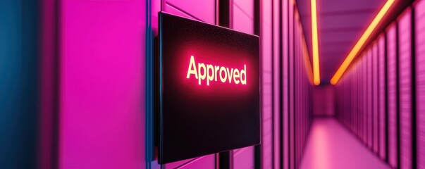 register approval concept. Neon "Approved" sign in a vibrant, futuristic corridor.