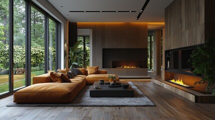 Modern living room with cozy sofa, fireplace, and garden view in background