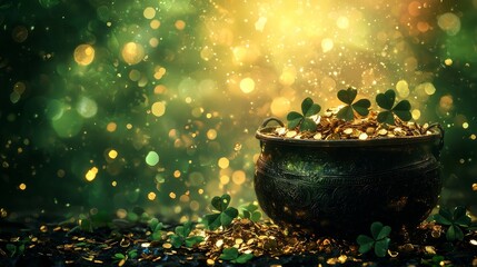 Overflowing pot of gold with scattered clovers, glowing green abstract background with soft golden sparkles, rich and vibrant tones