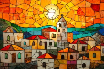 Obraz premium Stained glass village scene under bright sun.