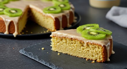 Serving Fresh Kiwi Cake Slice with Creamy Icing and Kiwi Topping