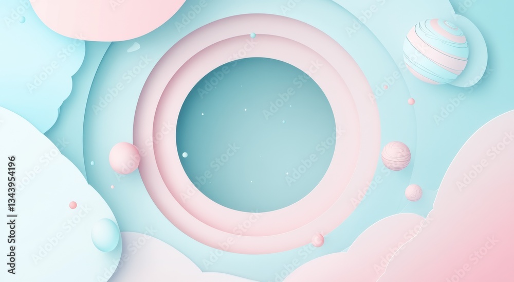 Poster abstract background in pastel pink and blue tones, cut out of paper, simple shapes, circle in the ce