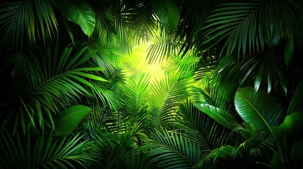   A verdant jungle brimming with abundant foliage and a brilliant luminary at tunnel's end