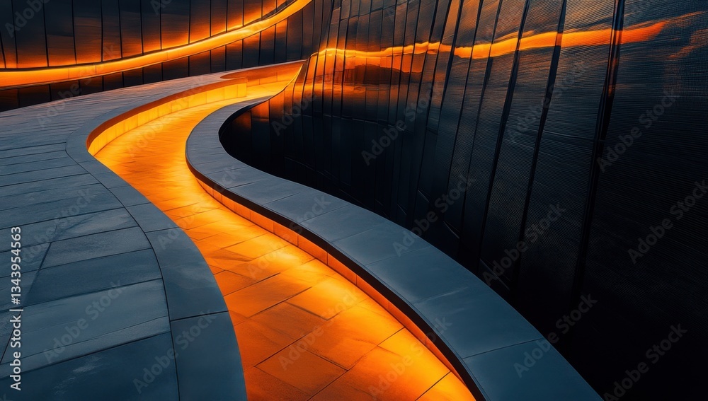 Poster An elegant, curved path illuminated by orange lights leads to the luxurious facade of the building at dusk. Smooth curves with reflective surfaces of modern architecture.