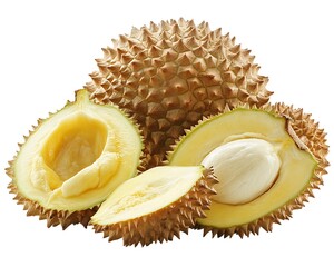 Obraz premium A close up image displaying the spiky fruit durian whole and cut