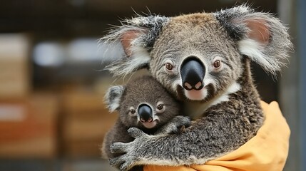 Naklejka premium Koala Mother Holding Baby Joey Covered in Frost