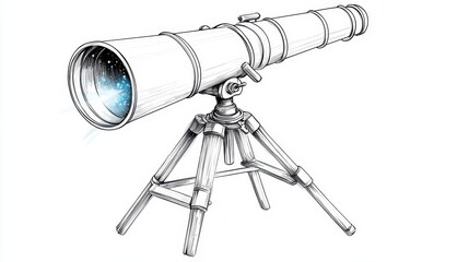 Line Drawing of Refracting Telescope on Tripod, White Background