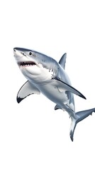 Obraz premium Great white shark leaping from water, isolated on white.