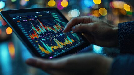 A person is examining the stock market with a tablet, using financial technology and analyzing stock charts.