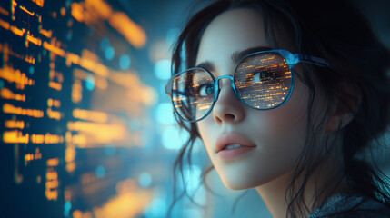 Futuristic woman wearing glasses reflects digital code on screen in tech environment