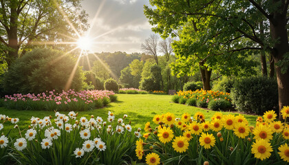 Obraz premium Vibrant flowers blooming under sunlit sky in tranquil park 