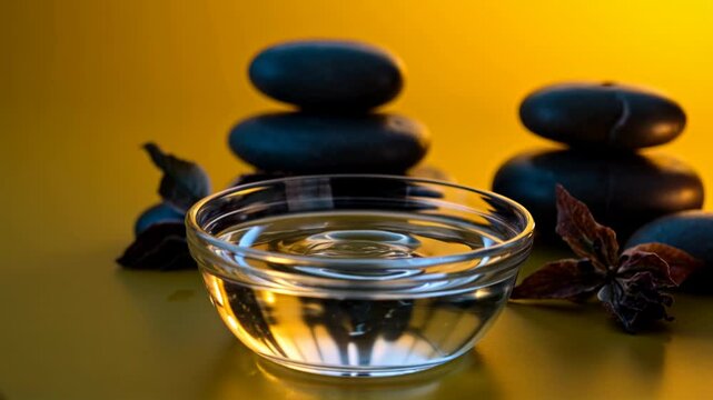Spa composition with hot stones, water bowl and candle against yellow background. Wellness therapy setting with massage stones and herbs. Relaxation. Spa services, wellness retreats, beauty products. - Powered by Adobe