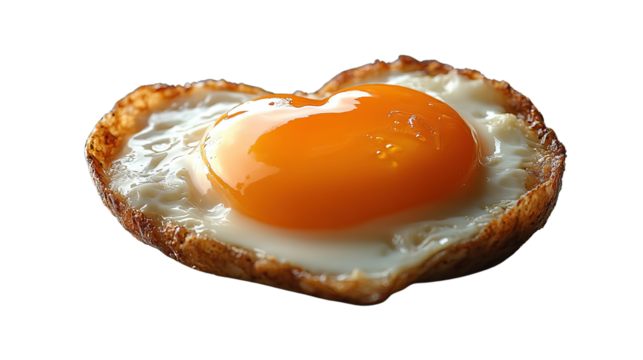 Love at First Bite: A heart-shaped fried egg, glistening yolk, delicious breakfast, and culinary delight, embodies a simple joy and affection.