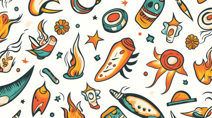 Obraz premium Colorful Tattoo Flash Design Pattern; Seamless background for website or fabric