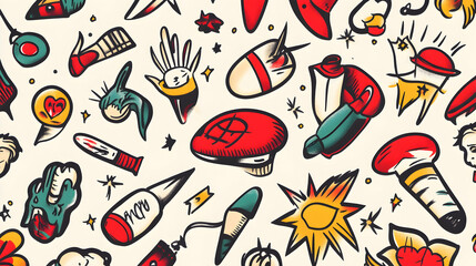 Colorful tattoo flash design seamless pattern; various bold illustrations; background for web, print, fabric