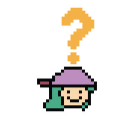 Obraz premium Cute pixel cartoon character woman with question mark decoration 8 bit female girl lady confused idea question mark think questionnaire choose cartoon pixel game 8bit png vector.