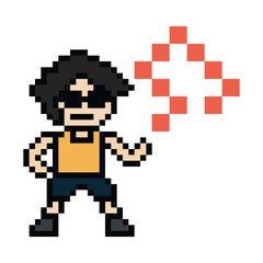Cute cartoon pixel character cute man exercises training aerobic dance lifestyle music decoration life style 8 bit male boy dance with music game 8bit fitness isolated PNG vector.