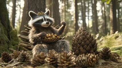 Fototapeta premium Forest King Raccoon with Pine Cones.