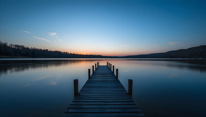 Obraz premium Majestic Lakeside Dock at Twilight Ideal for Vacation Getaways and Peaceful Retreats Offering Serene Relaxation