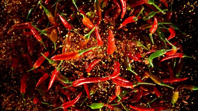 Super slow motion of flying red hot chilli peppers isolated on black background. Overhead view, filmed on high speed cinema camera, 1000 fps. Ultimate perspective of flying food. 